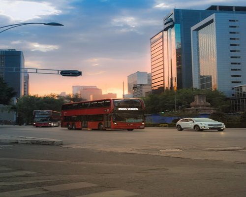 Traffic in a modern Latin American city during sunset